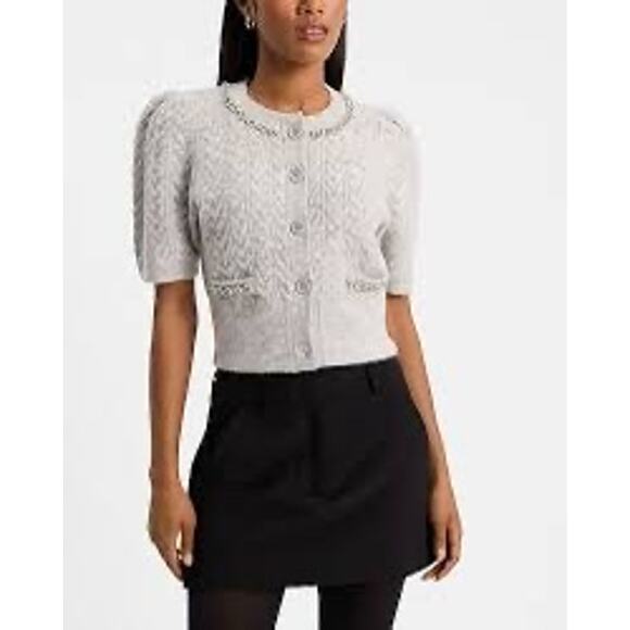 Express Gray Cozy Cable Knit Jewel Embellished Short Sleeve Cardigan Sweater M - Picture 11 of 11